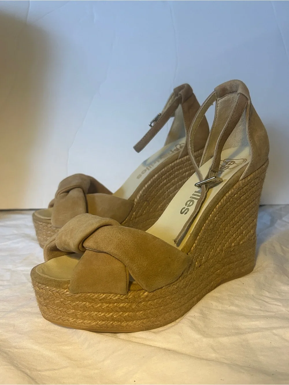 Espadrilles Italy Suede Platform 4.5” Wedge Sand ankle strap bow open toe euro